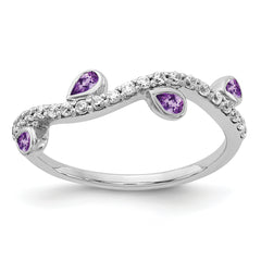 14k White Gold Diamond and Pear Amethyst Curved Ring