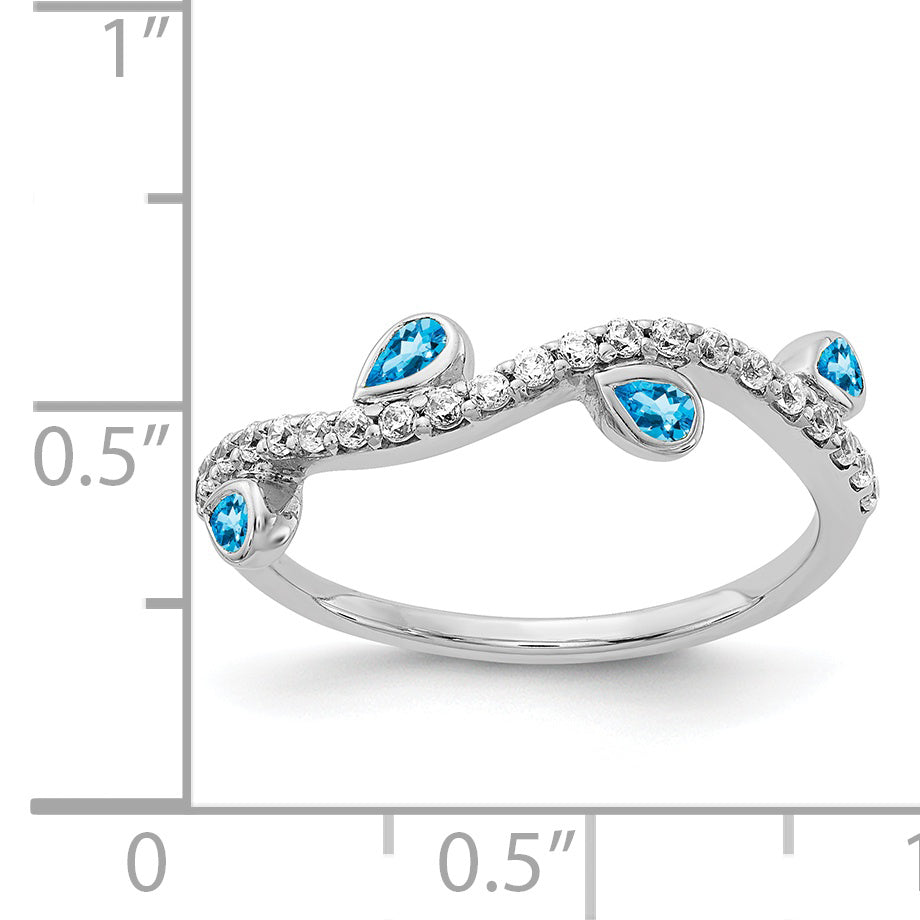 14k White Gold Diamond and Pear Blue Topaz Curved Ring