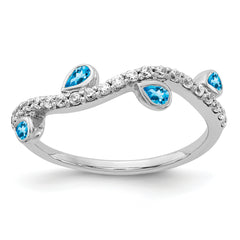 14k White Gold Diamond and Pear Blue Topaz Curved Ring