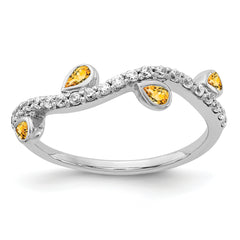 14k White Gold Diamond and Pear Citrine Curved Ring