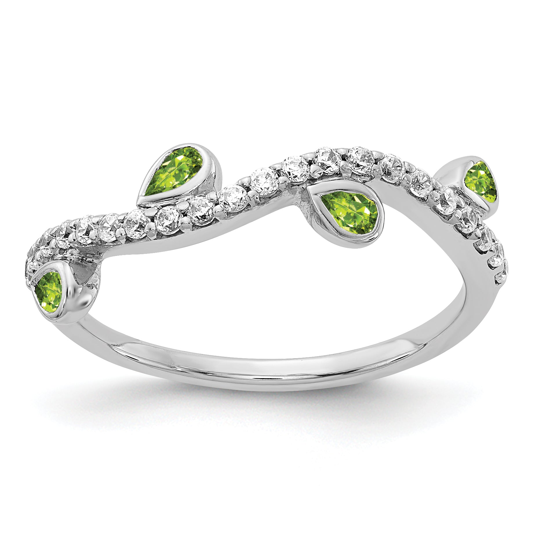 14k White Gold Diamond and Pear Peridot Curved Ring