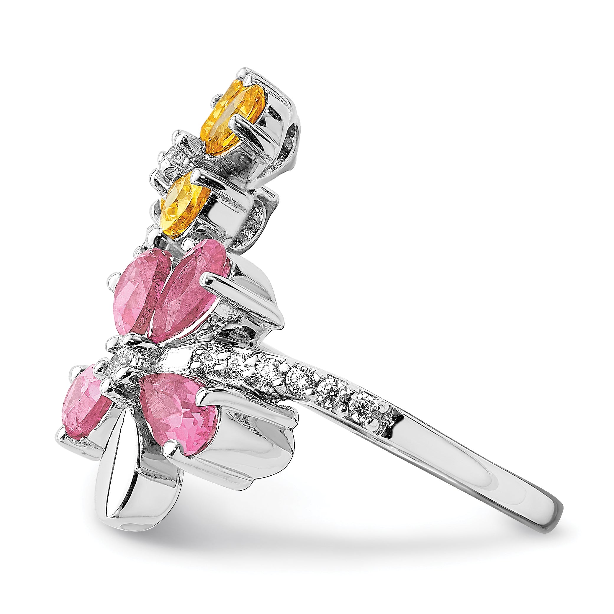 14k White Gold Diamond and Citrine/Pink Tourmaline Flower Ring