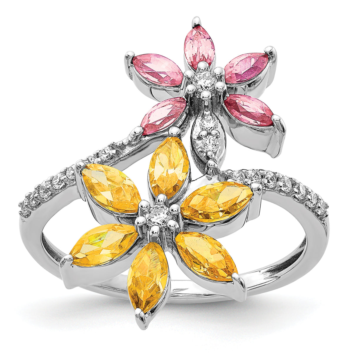 14kWhite Gold Diamond and Citrine/Pink Tourmaline Flower Ring