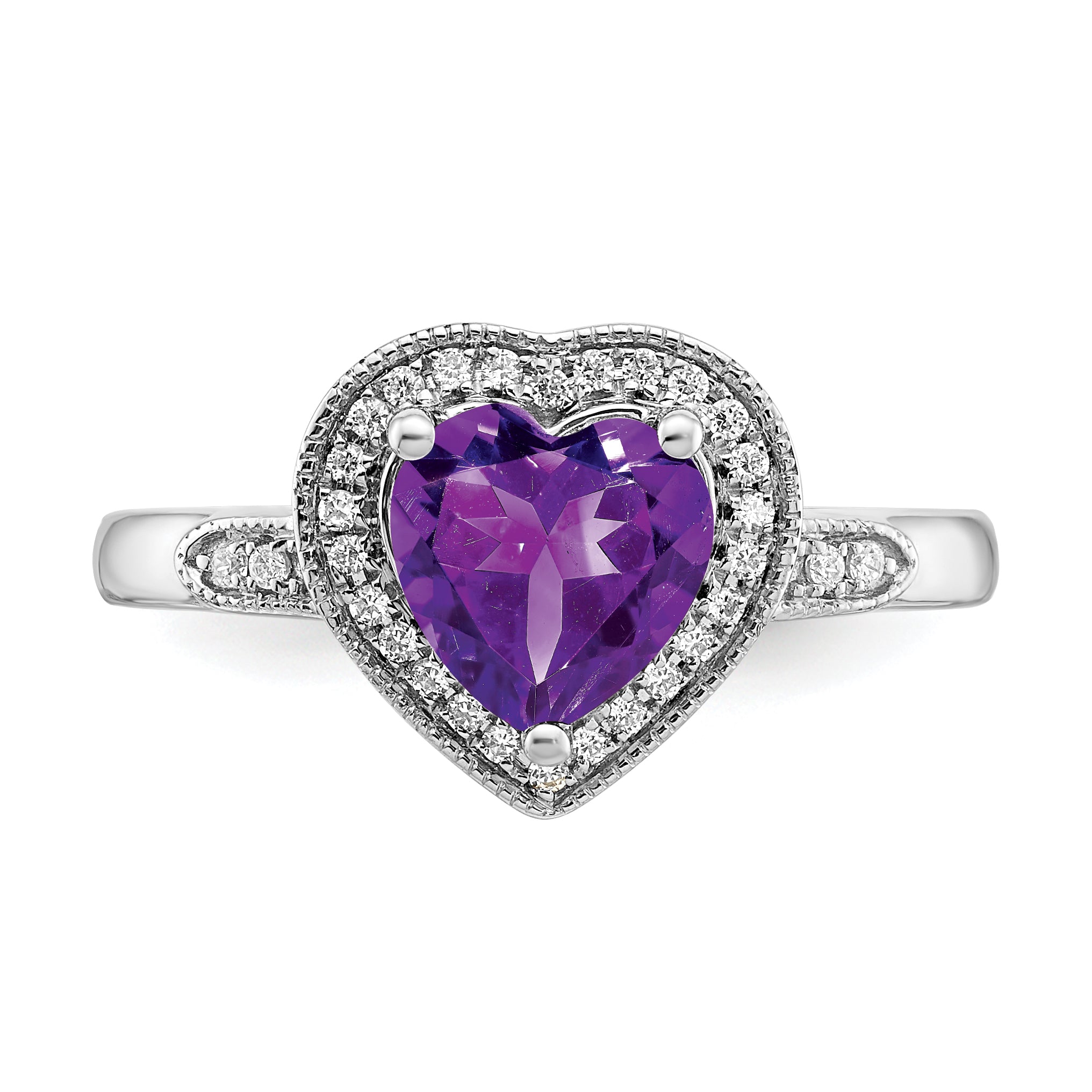 14k White Gold Heart Amethyst and Diamond Halo Ring