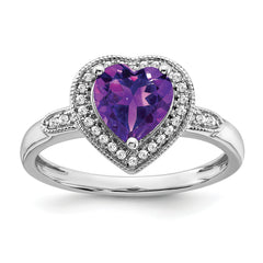 14k White Gold Heart Amethyst and Diamond Halo Ring