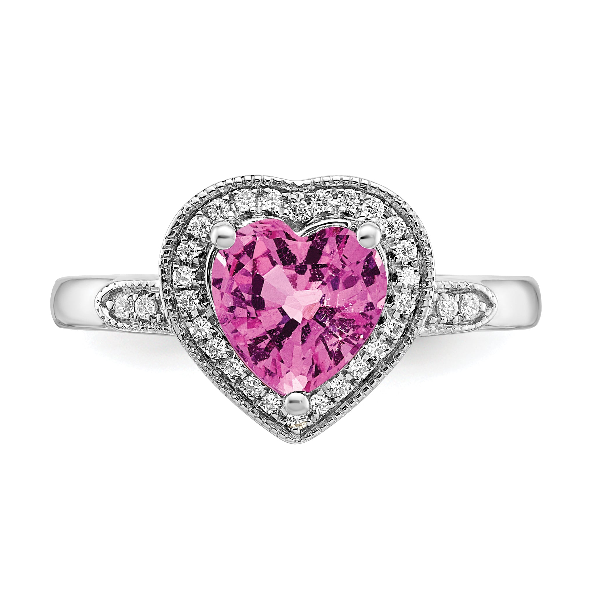 14k White Gold Heart Created Pink Sapphire and Diamond Halo Ring