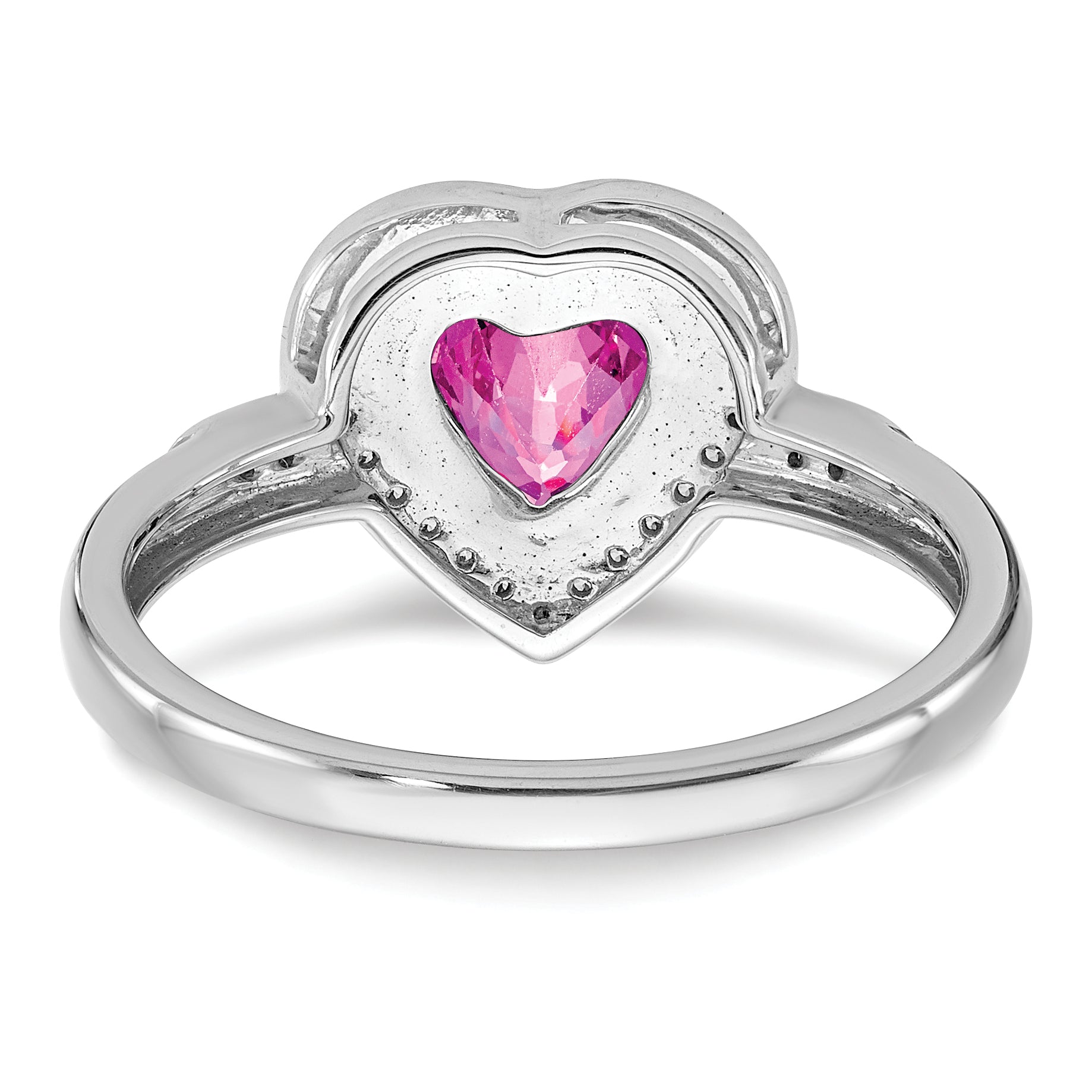 14k White Gold Heart Created Pink Sapphire and Diamond Halo Ring