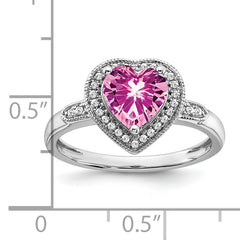 14k White Gold Heart Created Pink Sapphire and Diamond Halo Ring