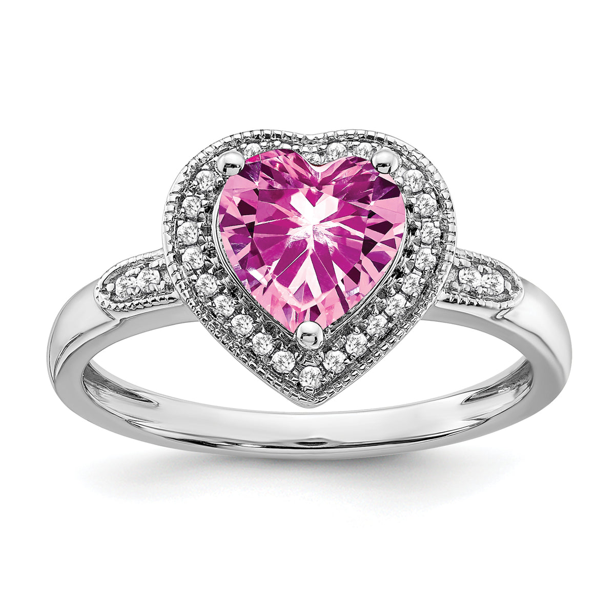 14k White Gold Heart Created Pink Sapphire and Diamond Halo Ring