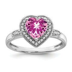 14k White Gold Heart Created Pink Sapphire and Diamond Halo Ring