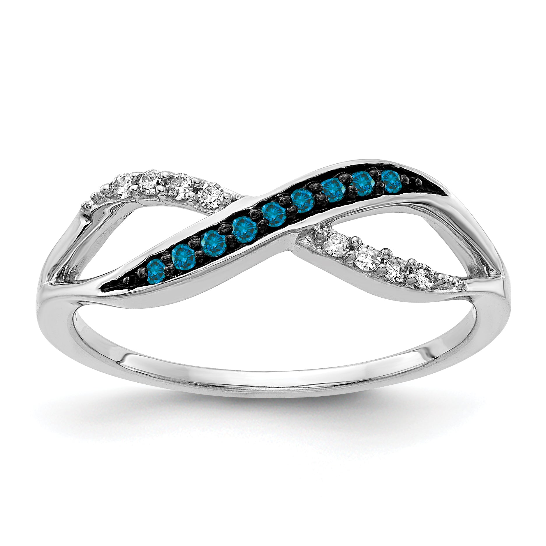 14k White Gold With Blue and White Diamond Crisscross Ring