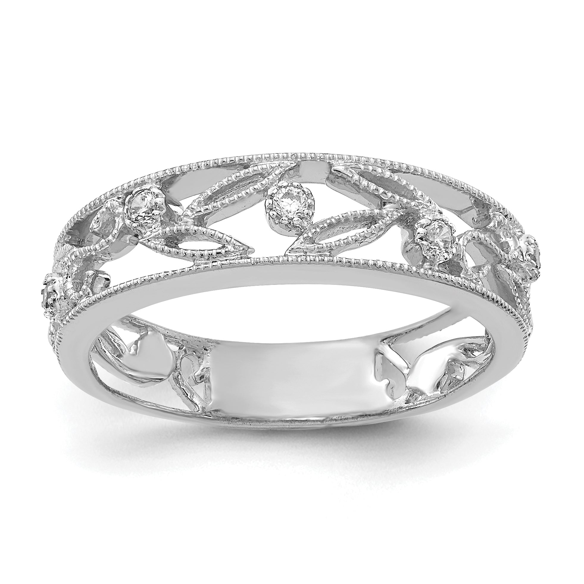 14k White Gold Flower Vine Design Diamond Ring