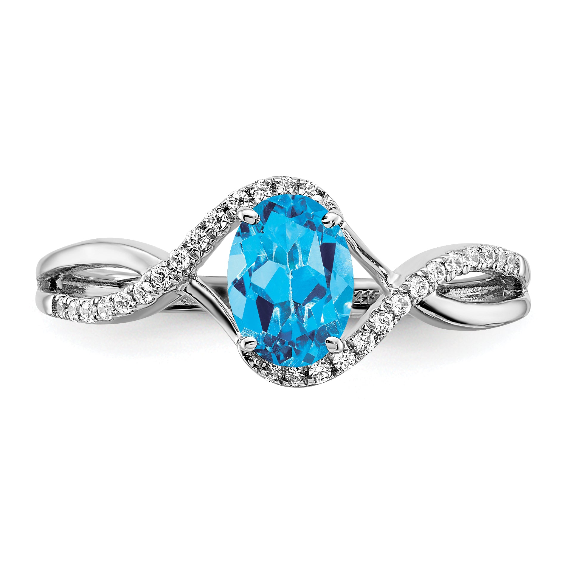 14k White Gold Oval Blue Topaz and Diamond Twist Ring