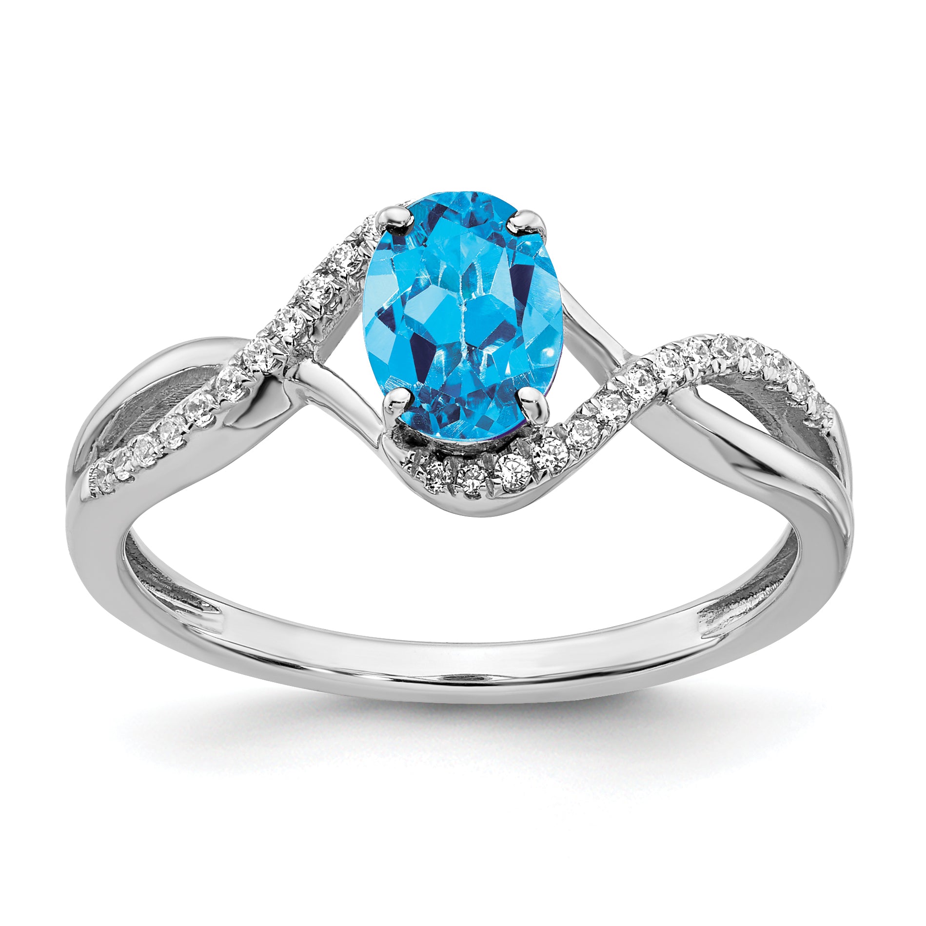 14k White Gold Oval Blue Topaz and Diamond Twist Ring