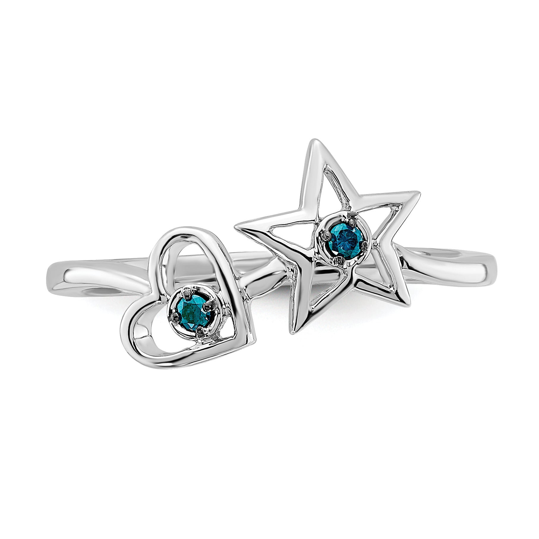 14k White Gold Blue Diamond Heart and Star Ring