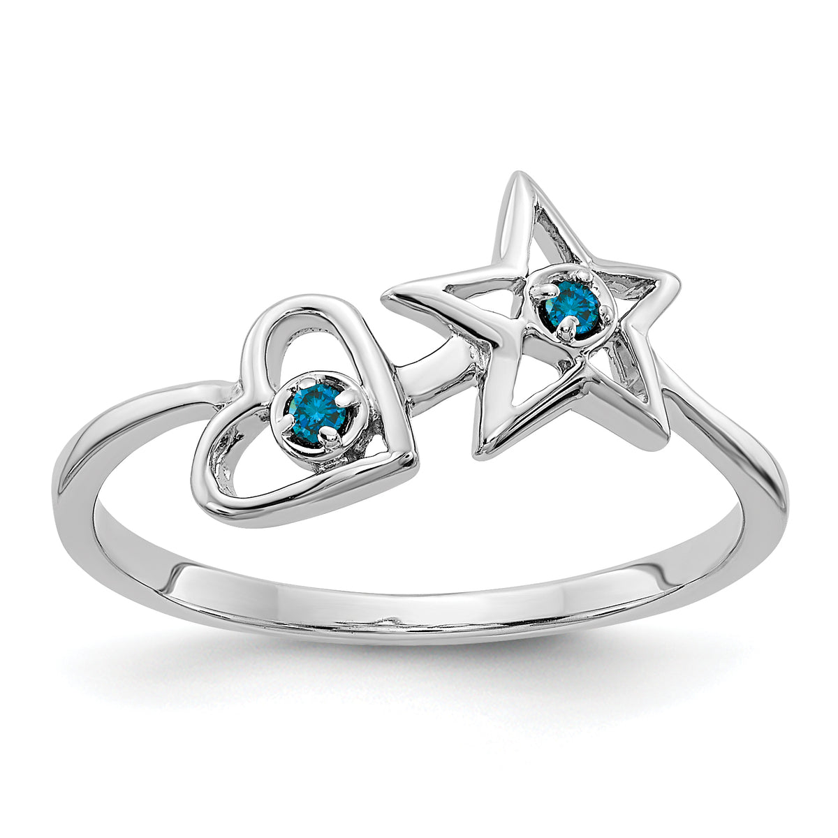 14k White Gold Blue Diamond Heart and Star Ring