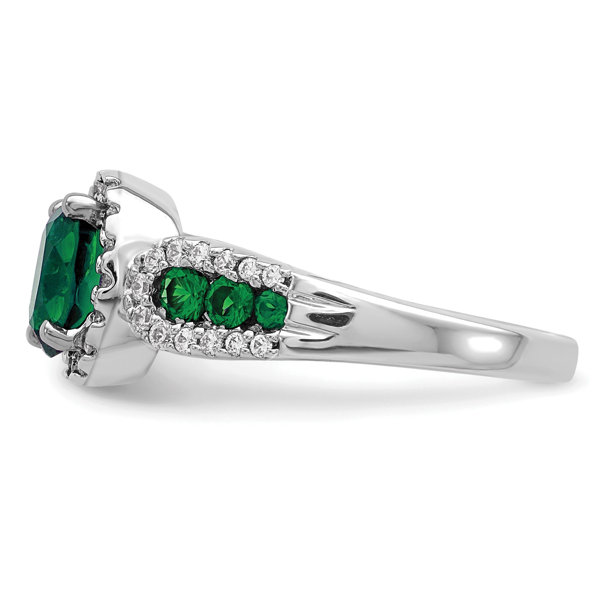 14K White Gold Lab Grown Diamond and Oval Created Emerald Ring