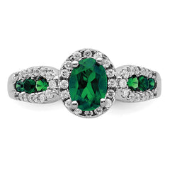 14K White Gold Lab Grown Diamond and Oval Created Emerald Ring