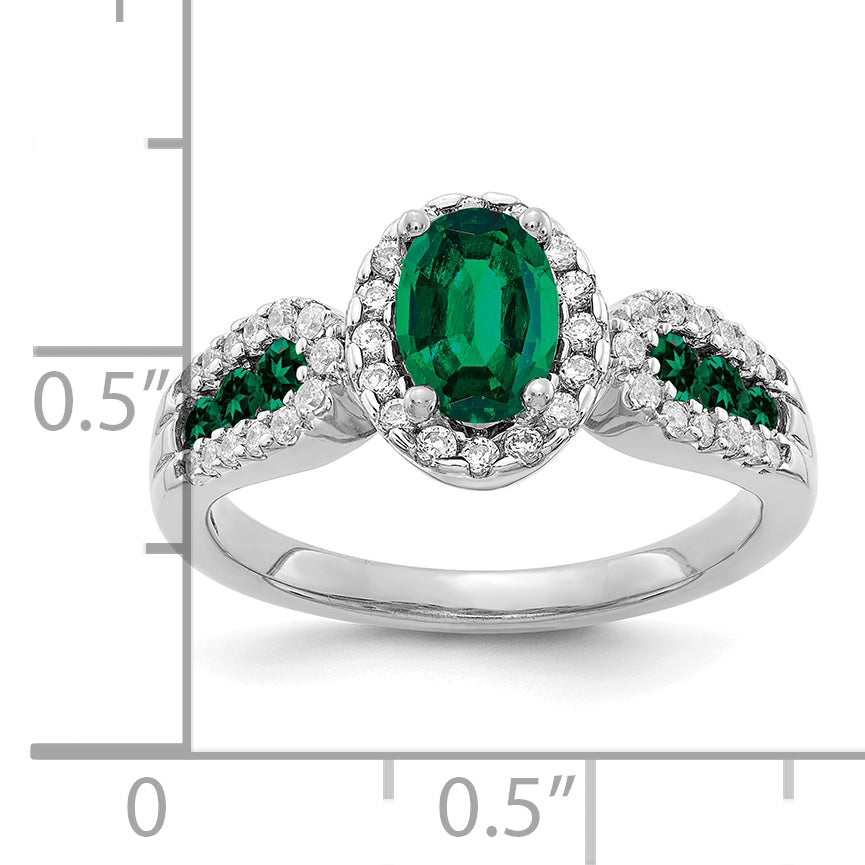 14K White Gold Lab Grown Diamond and Oval Created Emerald Ring