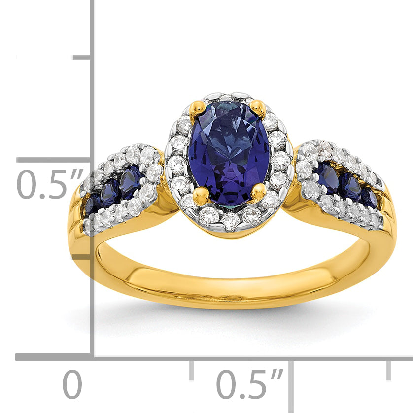 14K Lab Grown Diamond and Oval Created Sapphire Ring