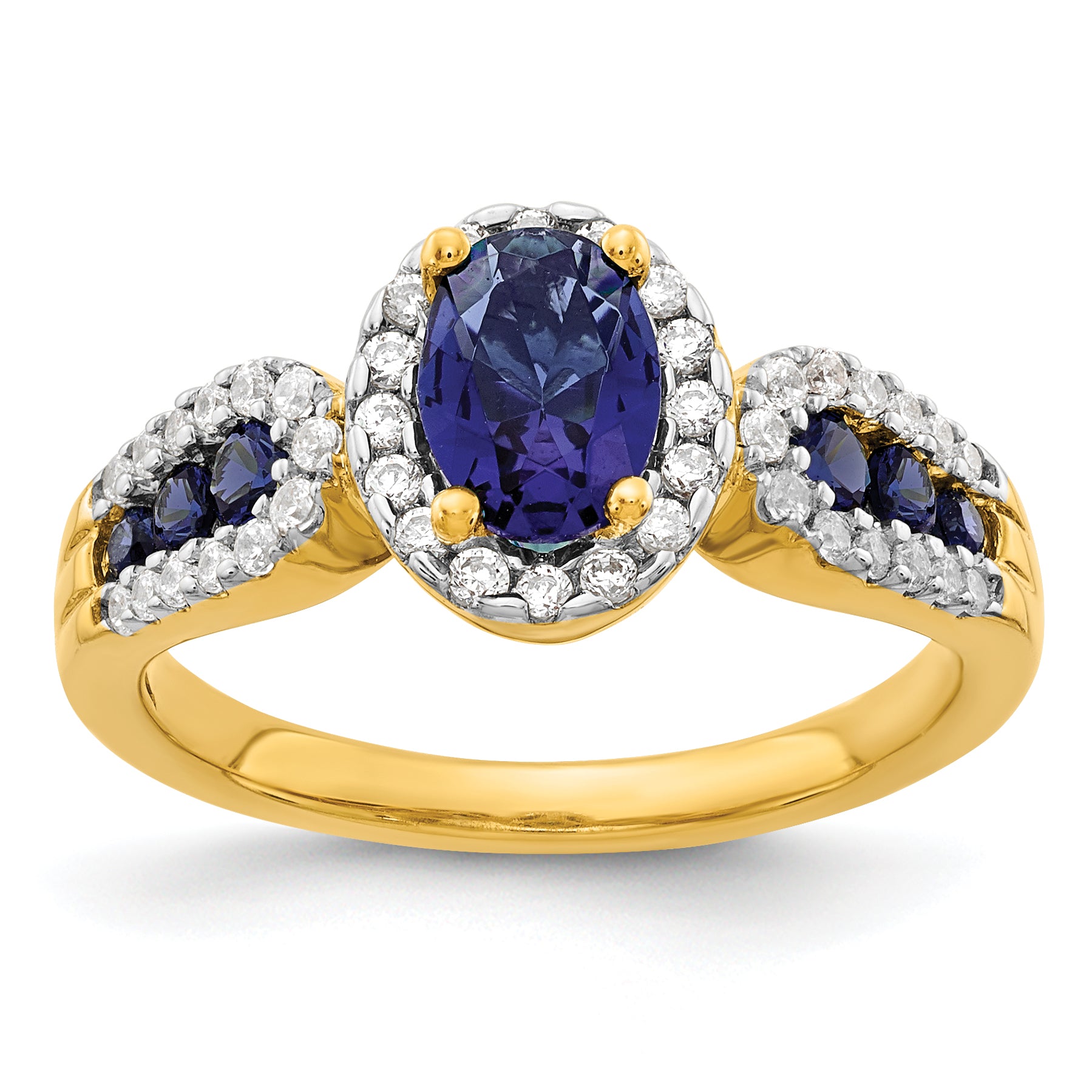 14K Lab Grown Diamond and Oval Created Sapphire Ring