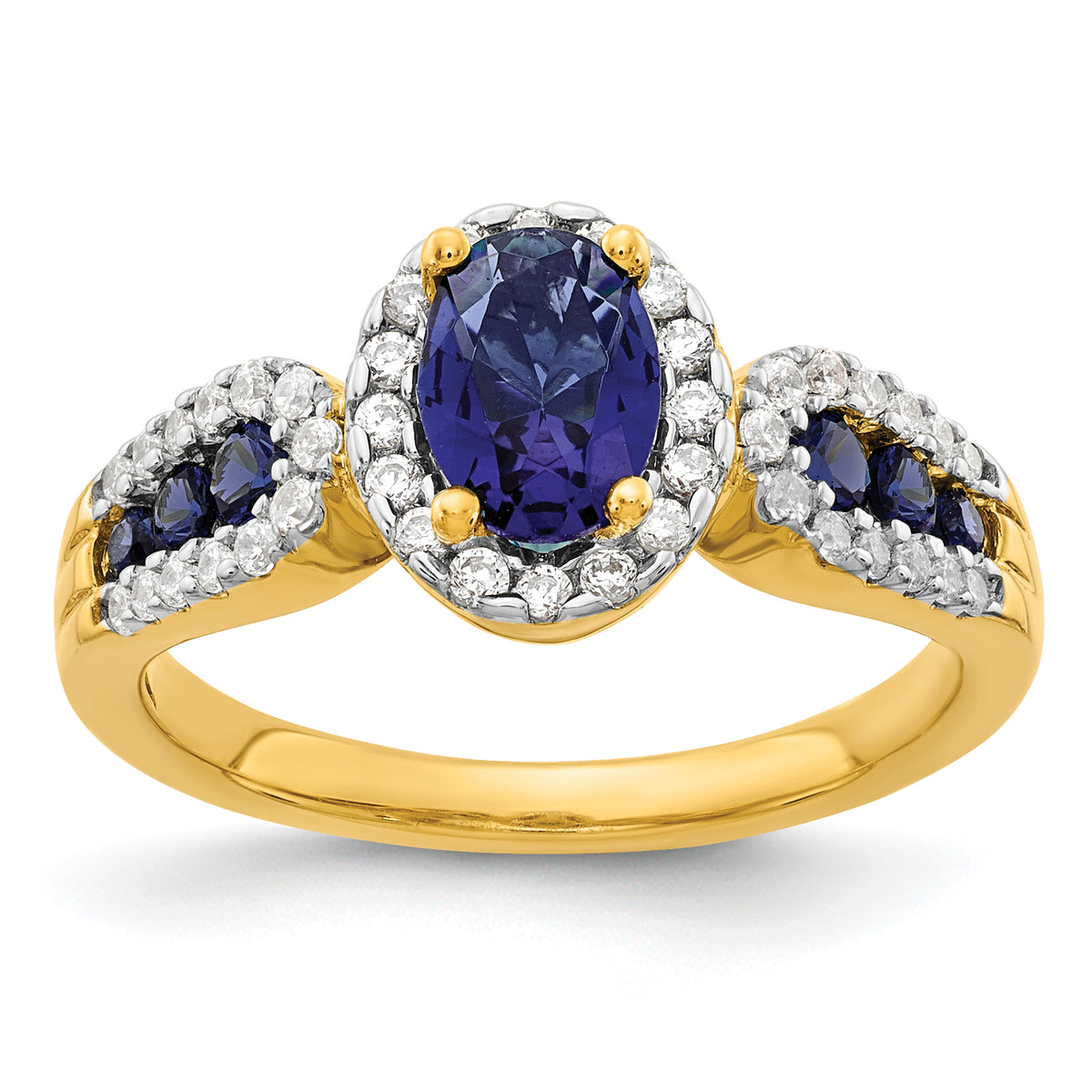 14K Lab Grown Diamond and Oval Created Sapphire Ring