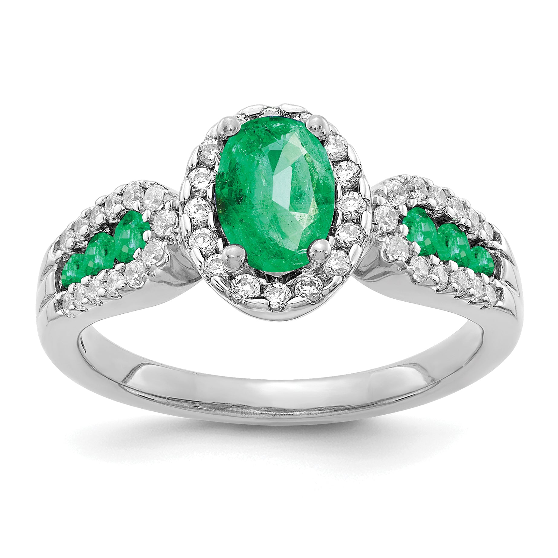 14k White Gold Diamond and Oval Emerald Ring