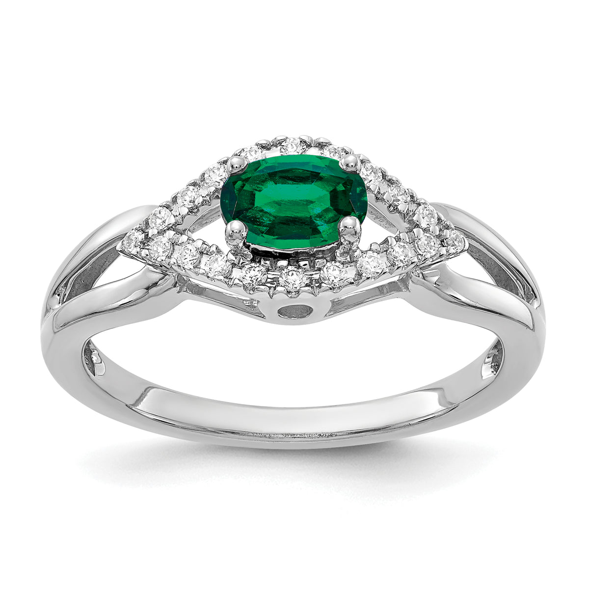 14K White Gold Lab Grown Diamond and Created Emerald Ring