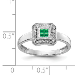 14k White Gold Square Design Emerald and Diamond Ring