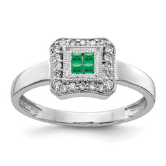 14k White Gold Square Design Emerald and Diamond Ring