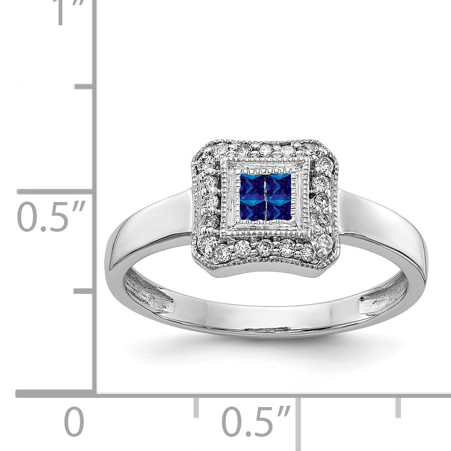 14k White Gold Square Design Sapphire and Diamond Ring