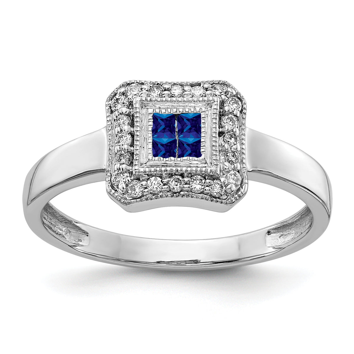 14k White Gold Square Design Sapphire and Diamond Ring