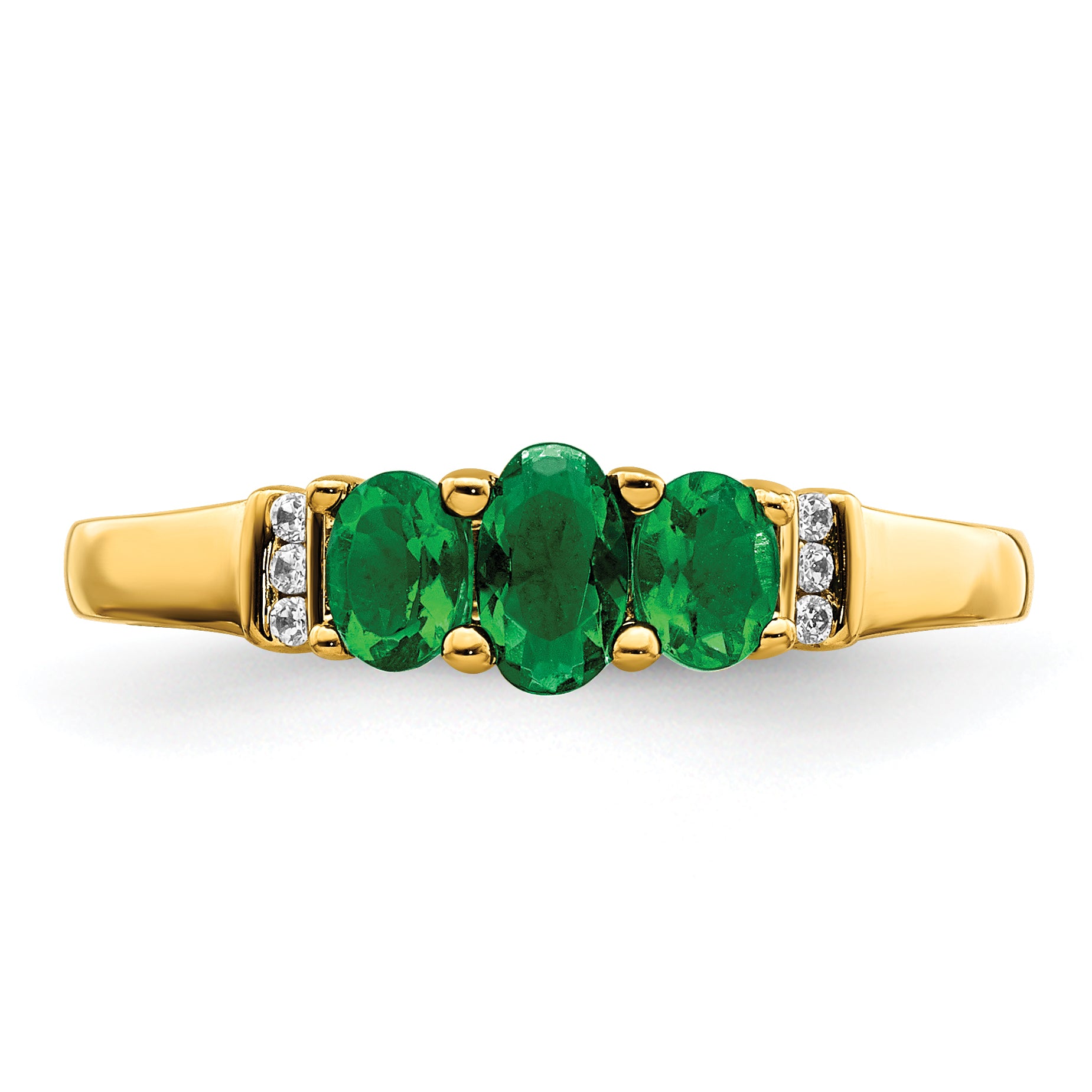 10k Polished Triple Emerald and Diamond 3-stone Ring