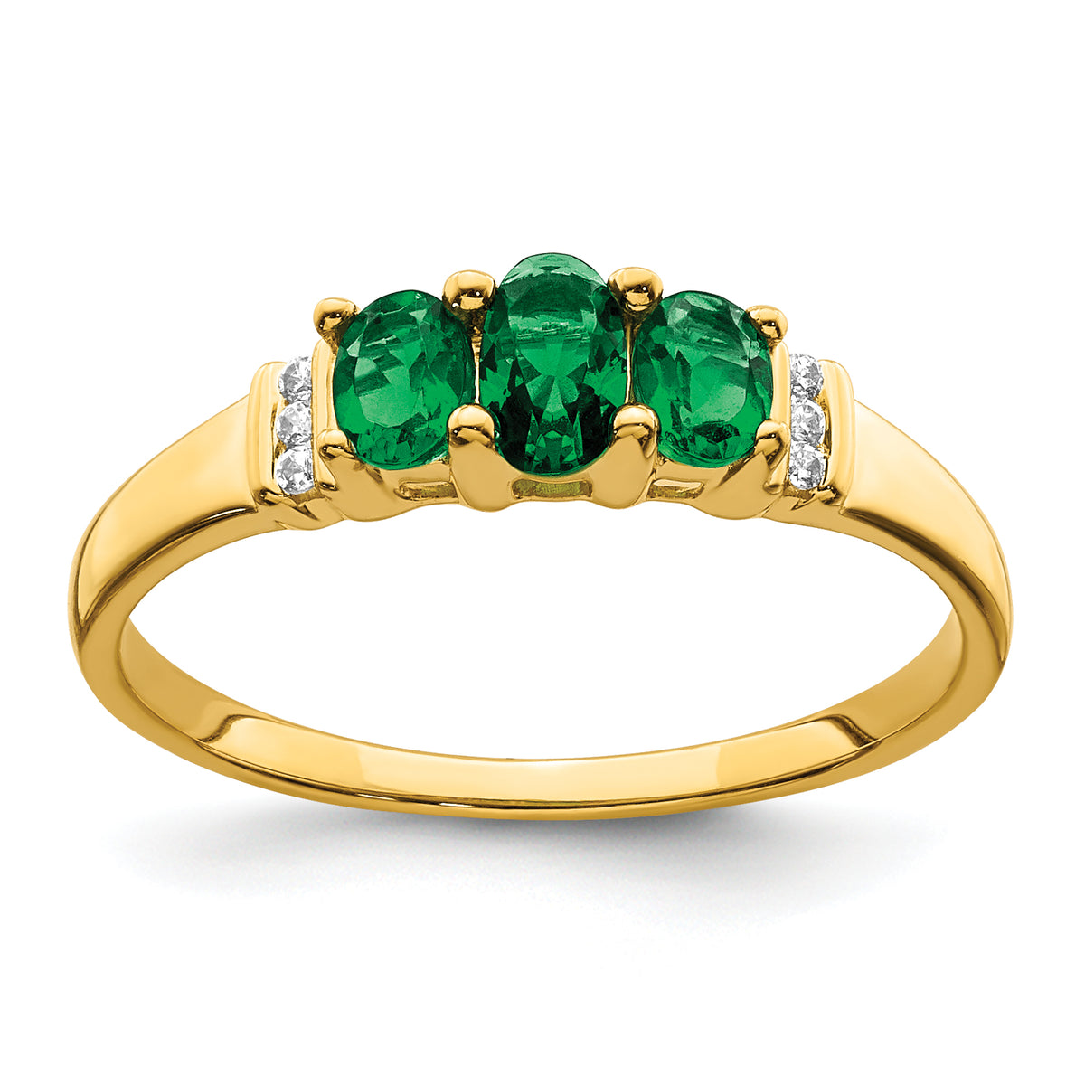 10k Polished Triple Emerald and Diamond 3-stone Ring