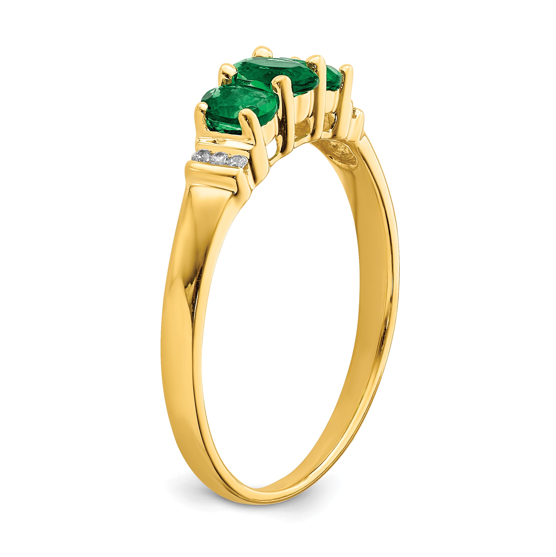 14k Polished Triple Emerald and Diamond 3-stone Ring