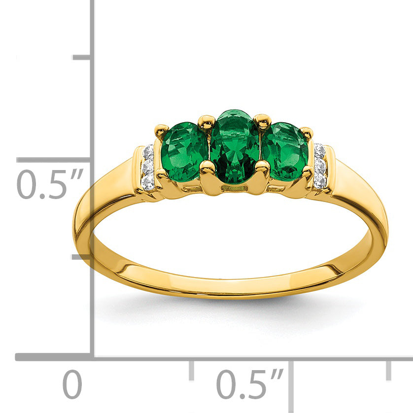 14k Polished Triple Emerald and Diamond 3-stone Ring