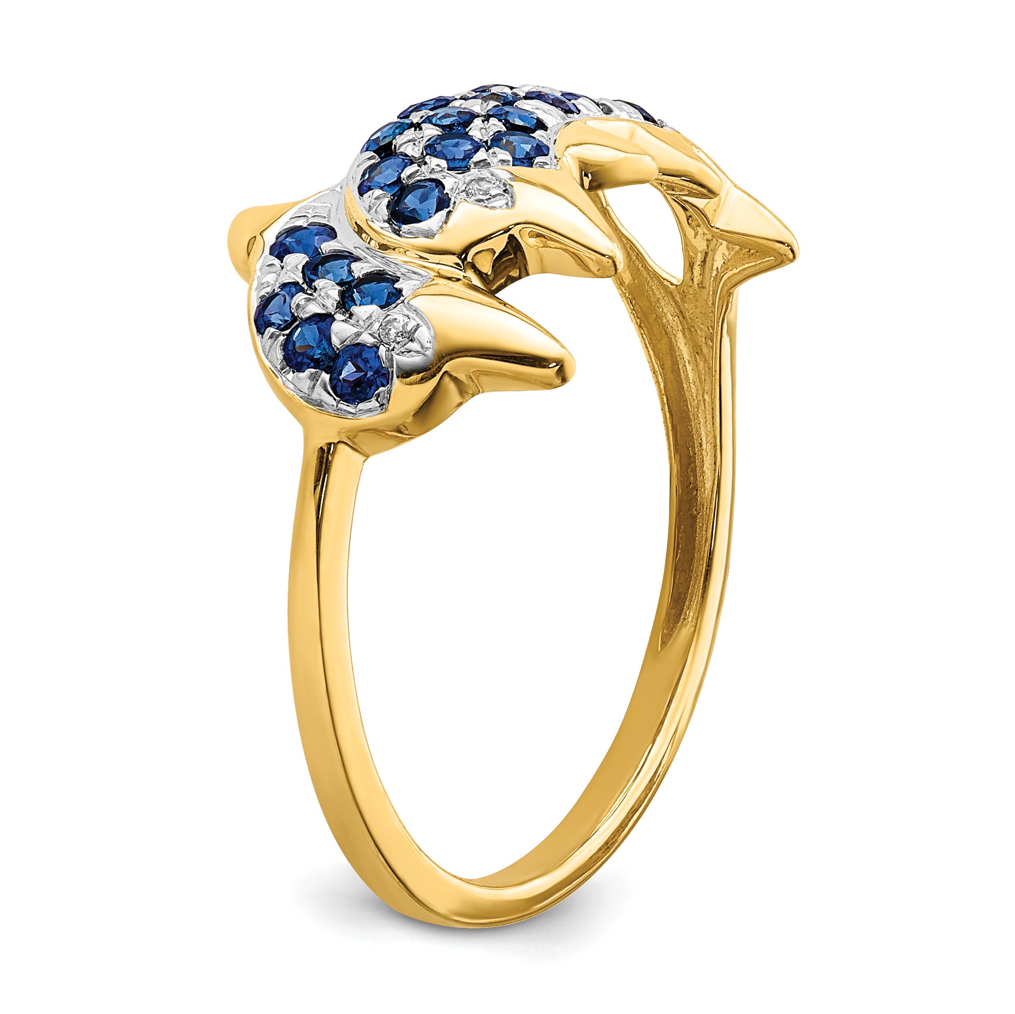 14k With Rhodium Diamond and Sapphire Dolphins Ring