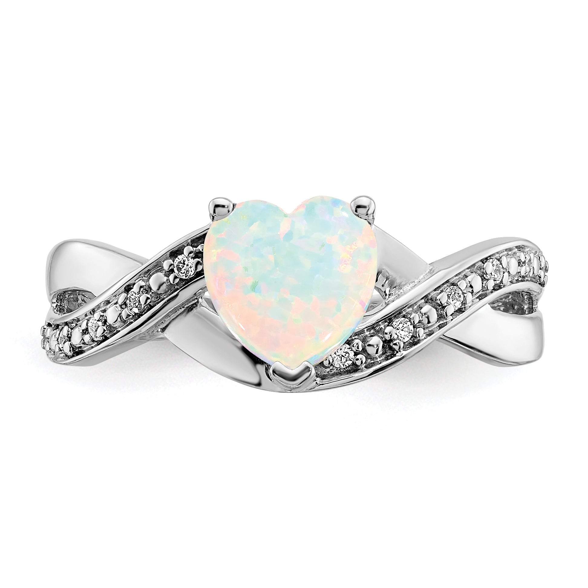 14k White Gold Created Opal and Diamond Heart Ring