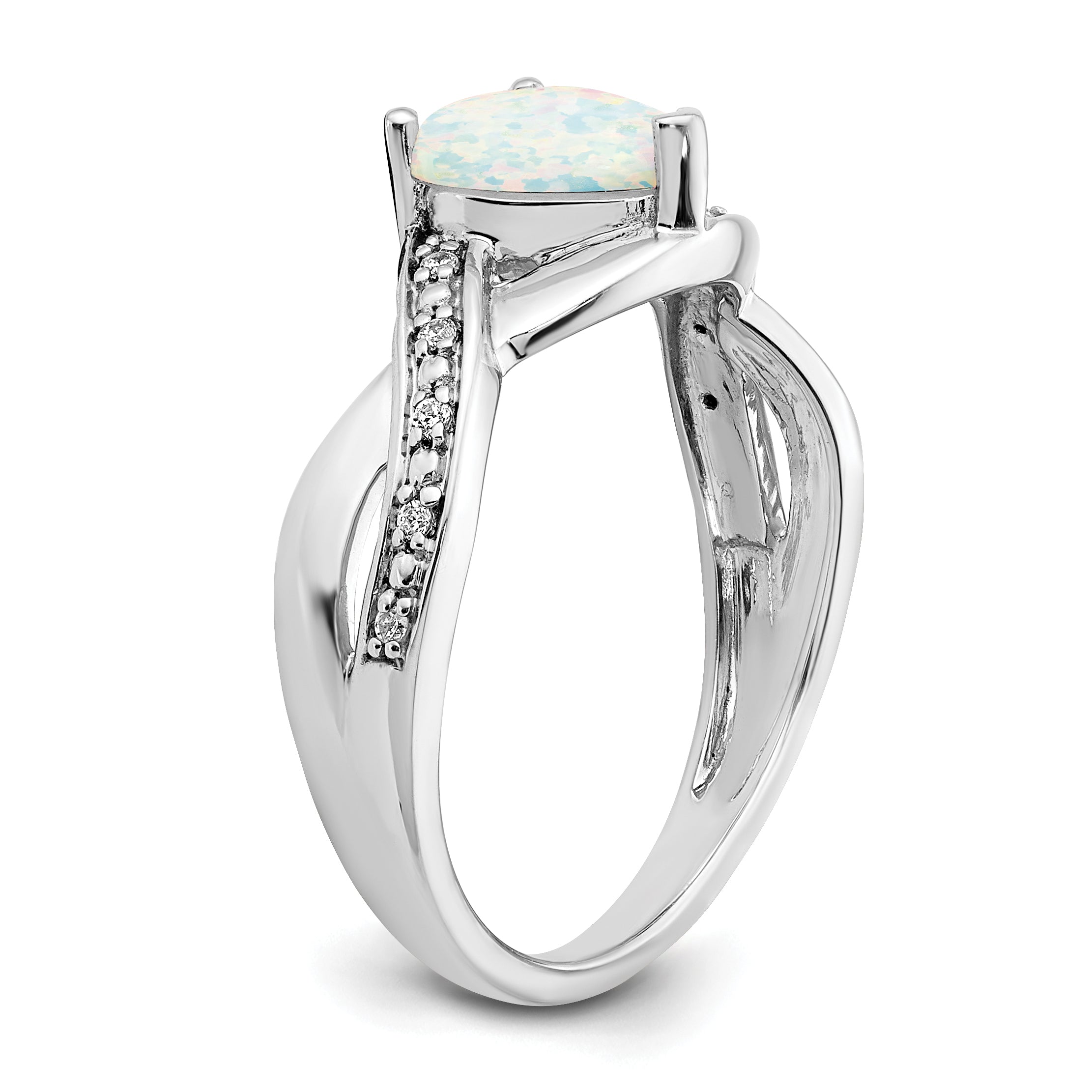 14k White Gold Created Opal and Diamond Heart Ring