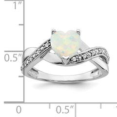 14k White Gold Created Opal and Diamond Heart Ring