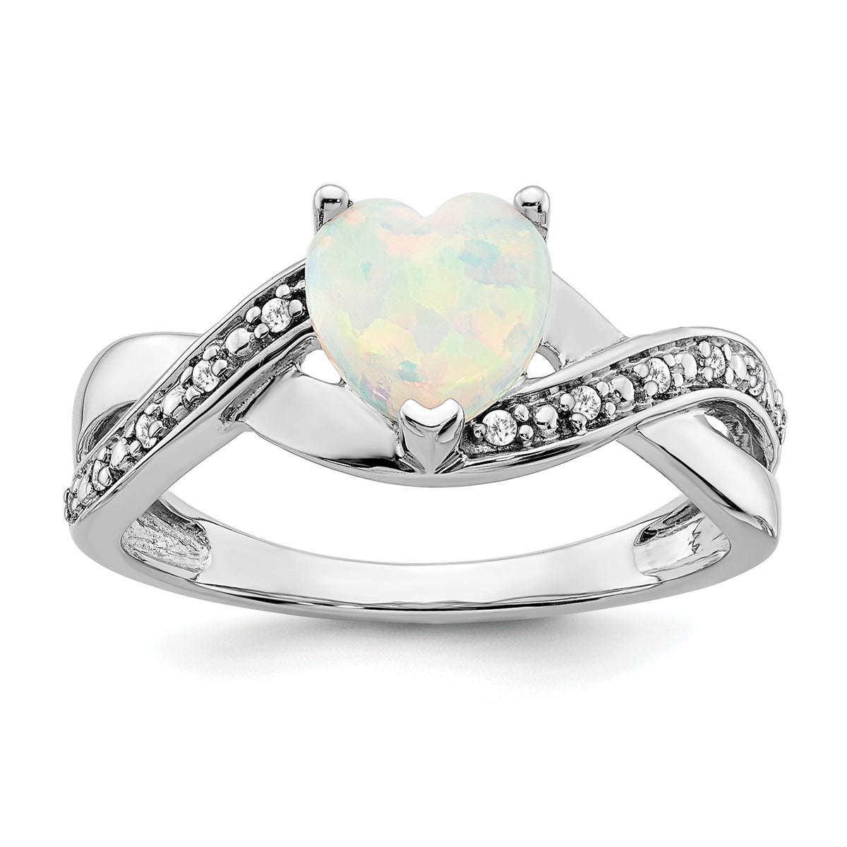  14k White Gold Created Opal and Diamond Heart Ring