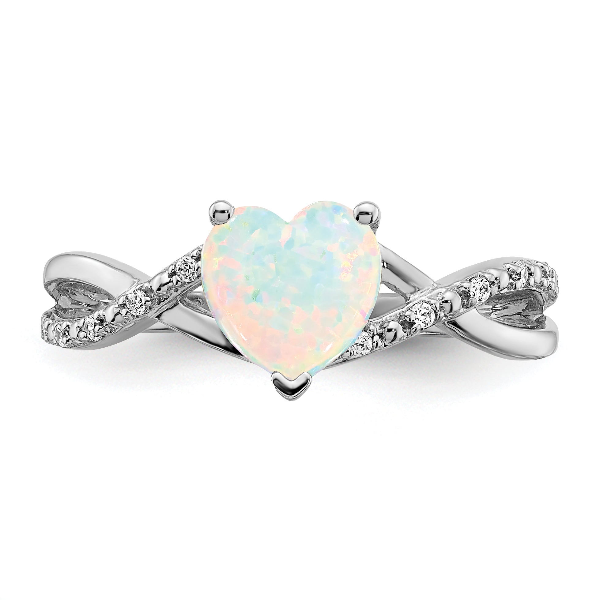 14k White Gold Created Opal and Diamond Heart Ring