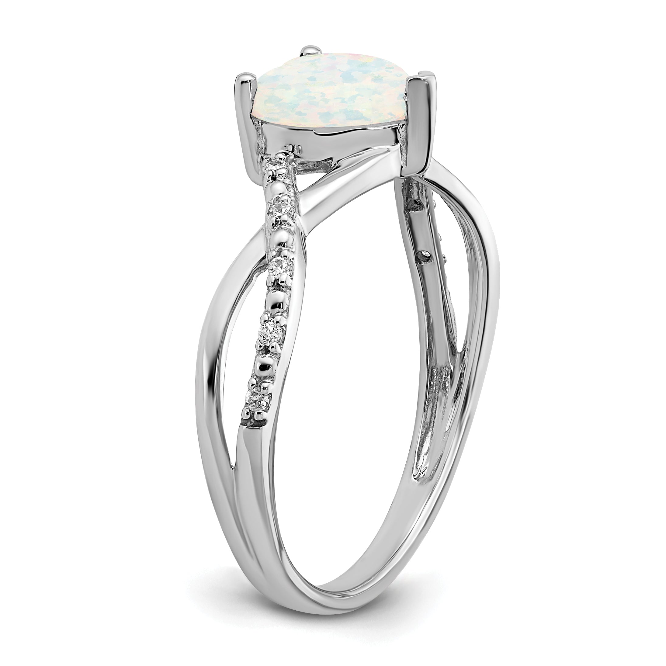 14k White Gold Created Opal and Diamond Heart Ring