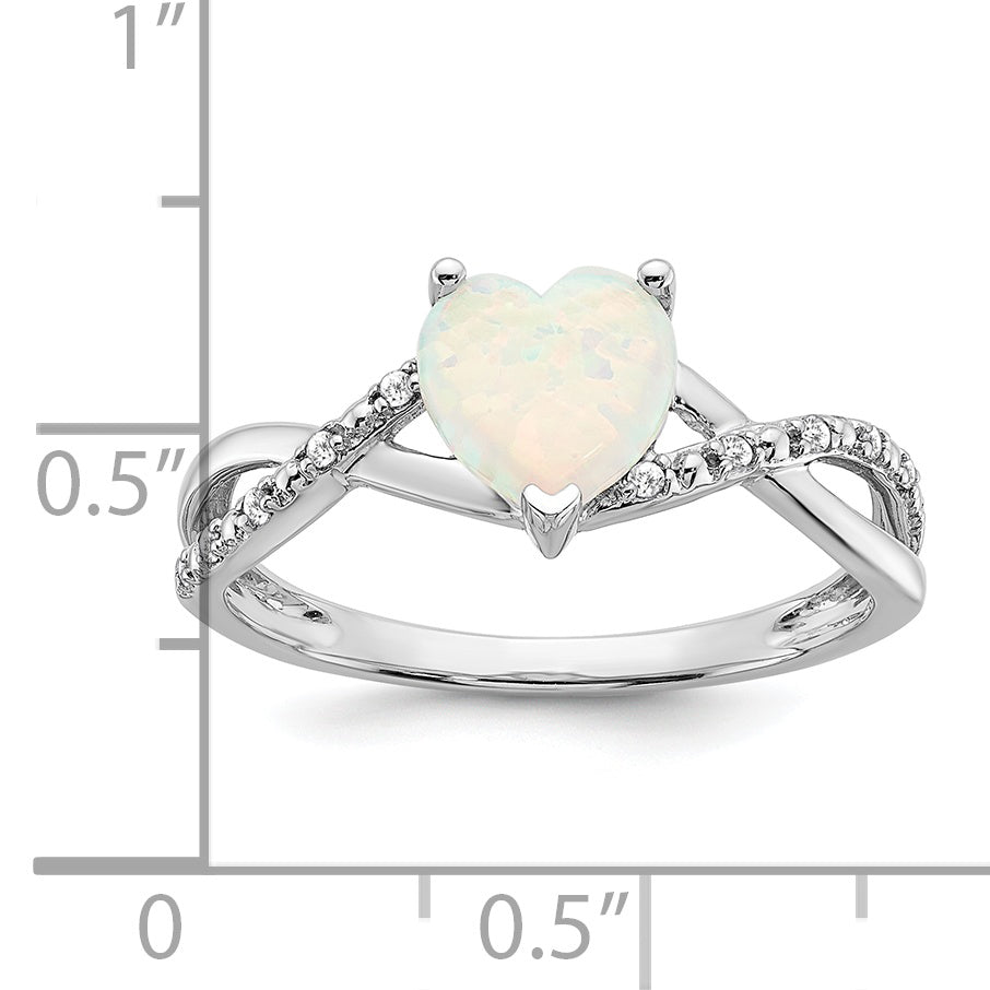 14k White Gold Created Opal and Diamond Heart Ring