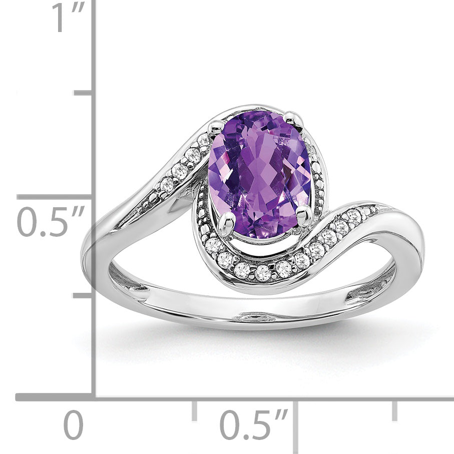 14k White Gold Oval Amethyst and Diamond Bypass Ring