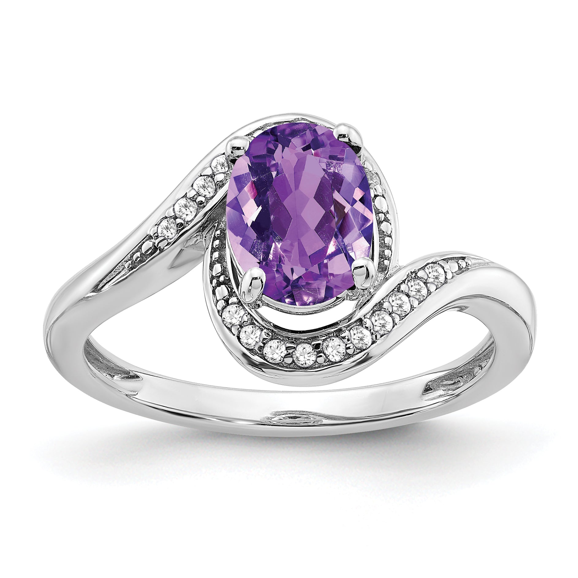 14k White Gold Oval Amethyst and Diamond Bypass Ring