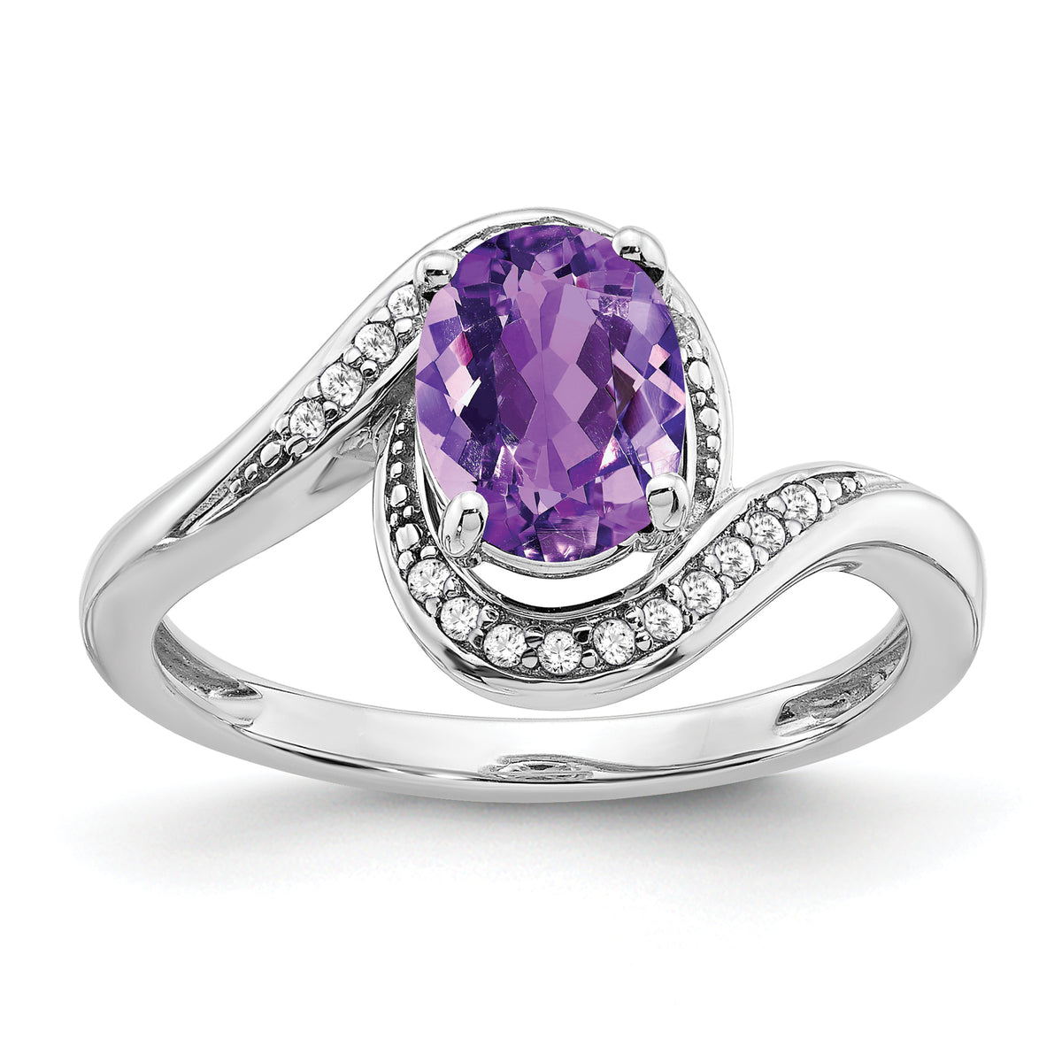 14k White Gold Oval Amethyst and Diamond Bypass Ring