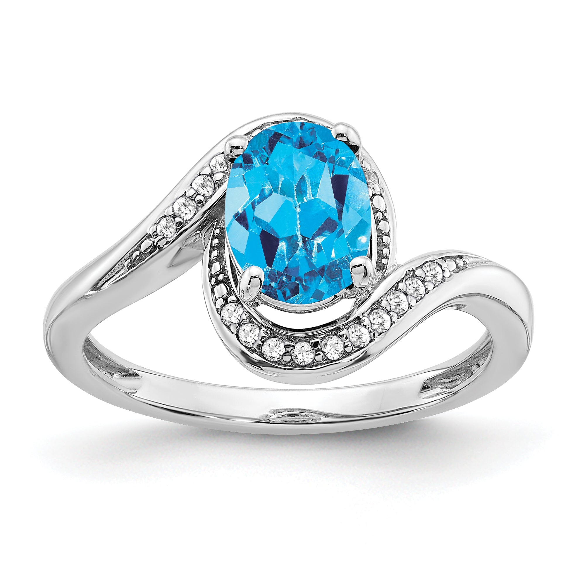 14k White Gold Oval Blue Topaz and Diamond Bypass Ring