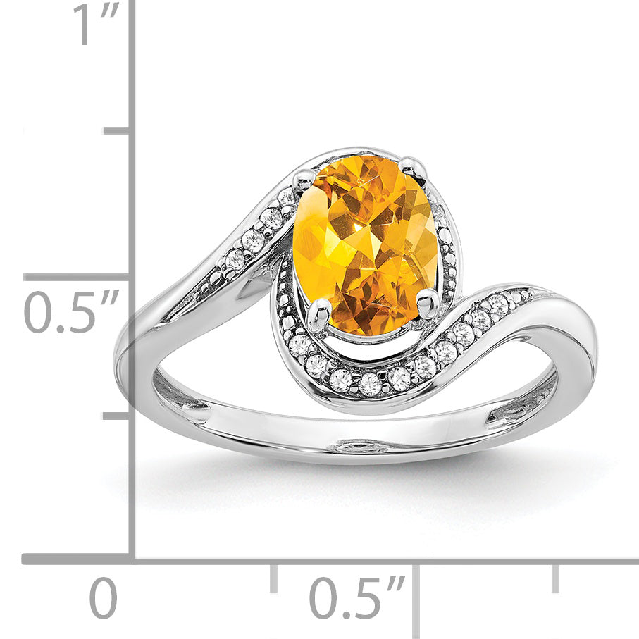 14k White Gold Oval Citrine and Diamond Bypass Ring