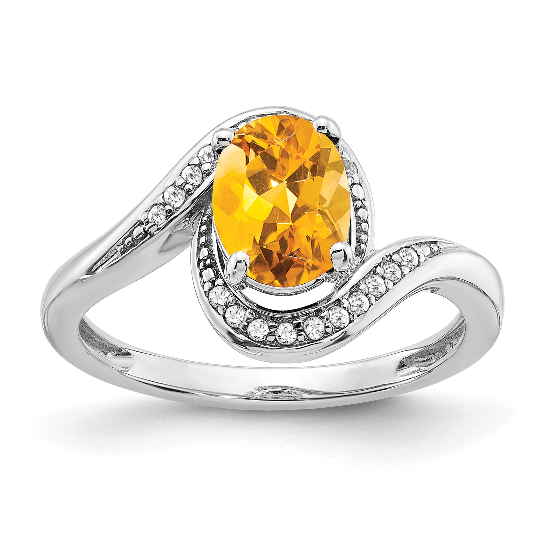 14k White Gold Oval Citrine and Diamond Bypass Ring